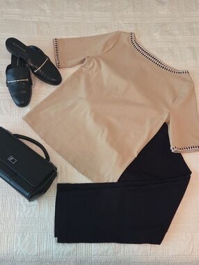 Ann Taylor Camel/Tan Short-Sleeve Top with Black White Trim